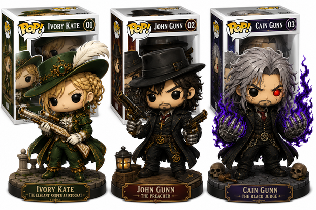 Huey Tango Funko-style collectible lineup featuring Ivory Kate, John Gunn, and Cain Gunn from the Demon West universe