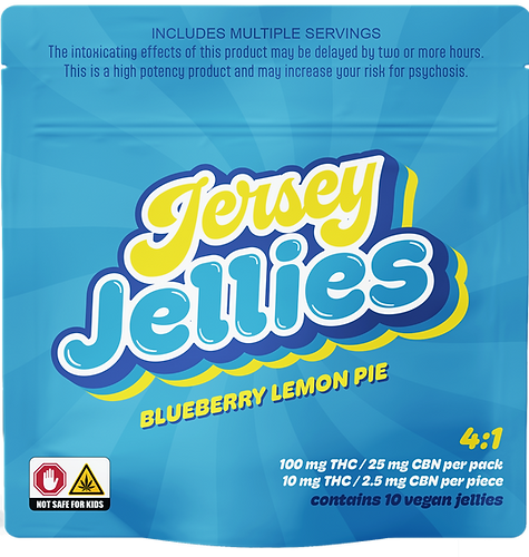 Jersey Jellies Blueberry Lemon Pie pouch—sugar-free cured resin gummies with a 4:1 THC to CBN ratio, blending sweet blueberry and zesty lemon pie flavors in vibrant blue packaging.