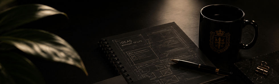 Creative design workspace with sketches and branding materials
