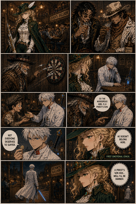 Dark fantasy anime-western comic page featuring quiet campfire conversations, mysterious travelers, and emotional character moments