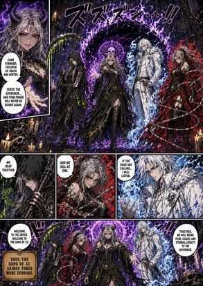 Dark fantasy manga artwork featuring monstrous entities, cursed transformations, and supernatural power in Huey Tango