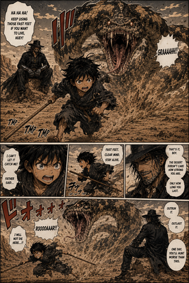 Huey Tango survival comic page featuring a giant serpent monster attacking across the Demon West desert