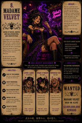 Madame Velvet character profile featuring the queen of music, ghosts, hallucinations, and prostitution in the Demon West