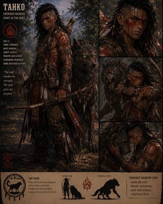 Tahko character profile featuring a rugged Red Elk Tribe hunter surviving across the cursed frontier