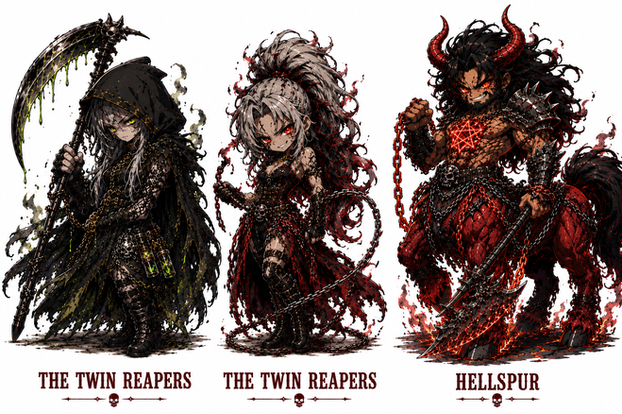Dark fantasy chibi artwork featuring the Twin Reapers and Hellspur supernatural villains from Huey Tango
