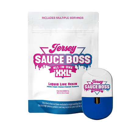 Jersey Sauce Boss Liquid Live Resin pouch with matching blue all-in-one vape device.