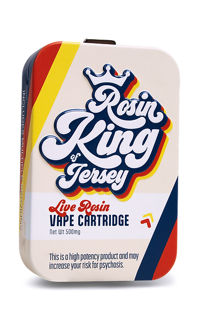 Rosin King of Jersey Live Rosin vape cartridge—500mg 510-thread premium rosin in bold red, yellow, and blue packaging.