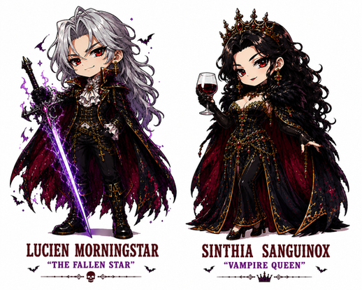 Chibi gothic fantasy artwork featuring Lucien Morningstar and Sinthia Sanguinox from Huey Tango
