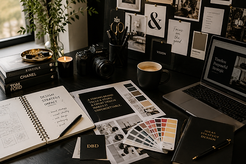 Creative director workspace with camera, laptop, brand strategy notes, print designs and color swatches