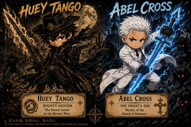 Chibi-style hero artwork featuring Huey Tango and Abel Cross battling supernatural darkness in the Demon West