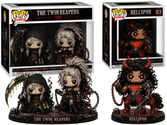 Horror vinyl collectible set featuring the Twin Reapers and Hellspur from the Huey Tango supernatural universe