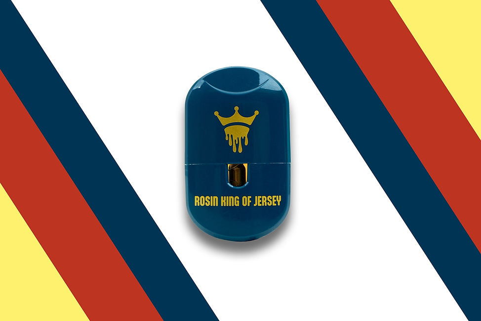 A blue cannabis vape cartridge labeled “Rosin King of Jersey” is centered against a white background with bold diagonal stripes in navy blue, red, and yellow. The cartridge features a yellow dripping crown logo above the text, and a small window revealing the gold interior detail. The overall style feels bold, masculine, and brand-driven, emphasizing premium craftsmanship and a Jersey pride aesthetic.
