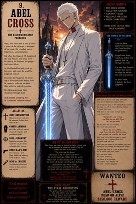 Abel Cross character sheet featuring the white-clad swordsman wielding holy blue energy against darkness