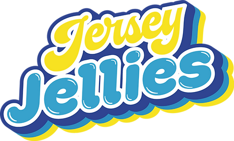 Jersey Jellies logo with playful layered lettering — 'Jersey' in yellow script and 'Jellies' in bold white and blue bubble text outlined in navy and yellow.