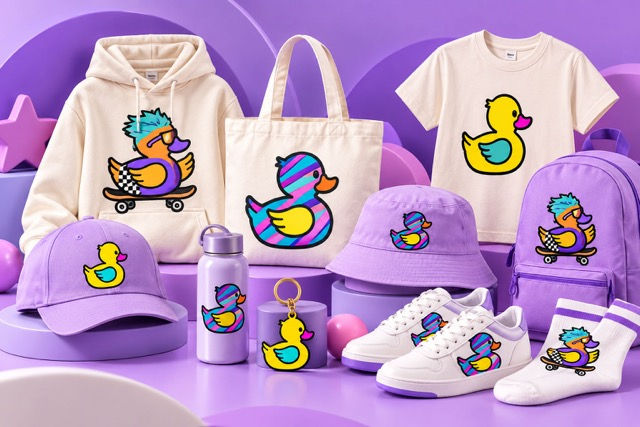 DUCK-Y character collection on apparel, shoes, hats and accessories