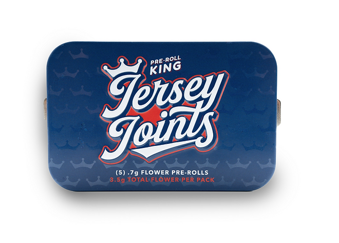 Closed Jersey Joints tin with bold red crown pattern—NJ-grown flower from the original Pre-Roll King.
