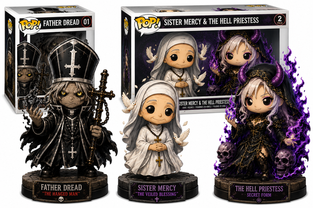 Father Dread, Sister Mercy, and the Hell Priestess collectible vinyl figures featuring occult leaders from Huey Tango