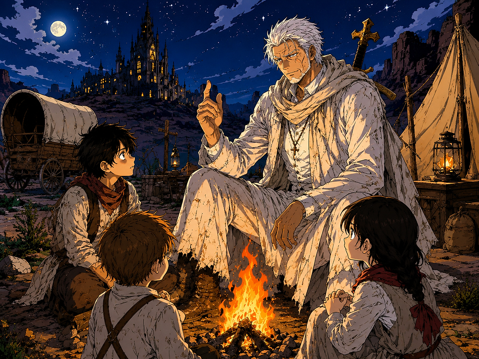 Campfire scene from Huey Tango featuring a mysterious white-haired storyteller speaking to children beside a fire in the Demon West