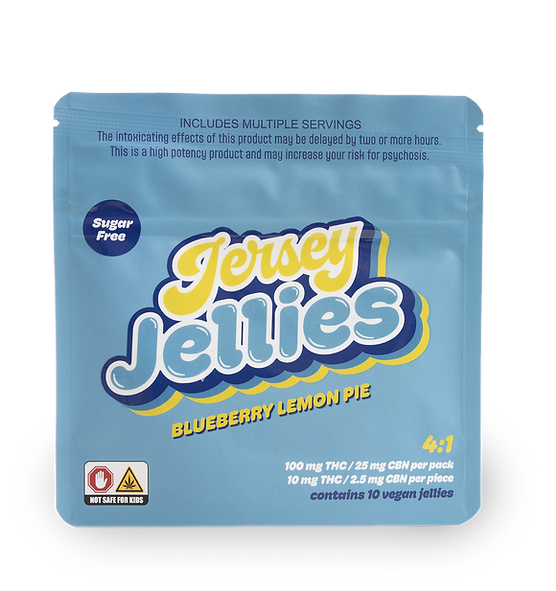 Jersey Jellies Sugar-Free Blueberry Lemon Pie pouch—cured resin gummies with a 4:1 THC to CBN ratio, blending sweet blueberry and zesty lemon pie flavors in light blue packaging.