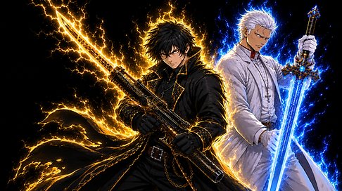 Official Huey Tango series artwork featuring two supernatural warriors with glowing energy weapons in a dark fantasy anime-western universe
