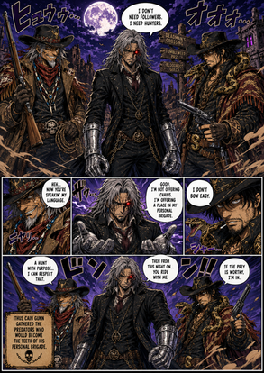 Huey Tango comic scene featuring tense confrontation, supernatural lore, and gothic western anime characters