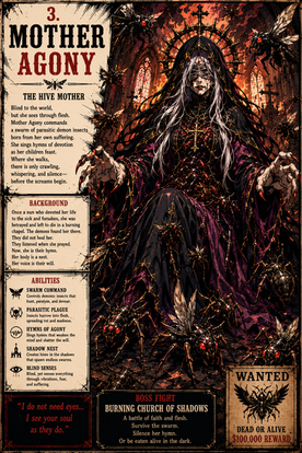 Mother Agony character artwork featuring a horrifying occult villainess surrounded by gothic supernatural horror
