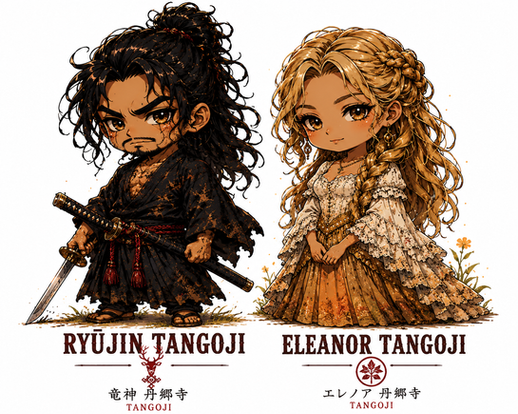 Ryujin Tangoji and Eleanor Tangoji chibi-style character artwork from the Demon West anime-western universe