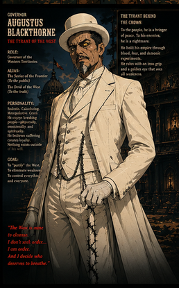 Character dossier featuring a mysterious white-suited supernatural figure from the Huey Tango universe