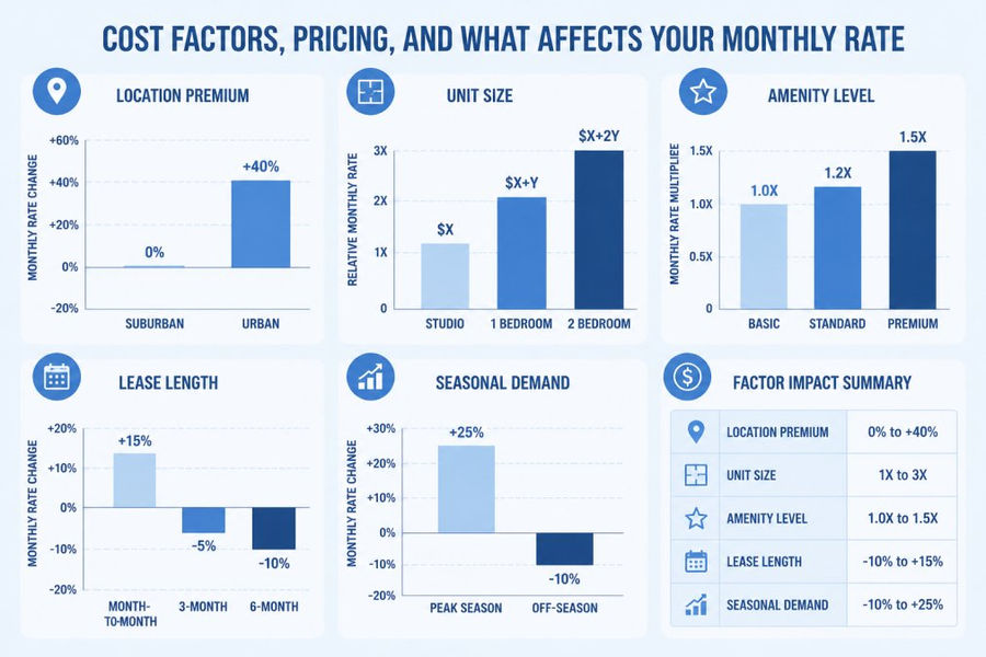 Bar chart showing factors influencing corporate housing monthly rates: location premium (urban +40%, suburban baseline), unit size (studio $X, 1BR $X+Y, 2BR $X+2Y), amenity level (basic, standard, premium tiers), lease length (month-to-month, 3-month, 6-month), seasonal demand (peak vs off-season)