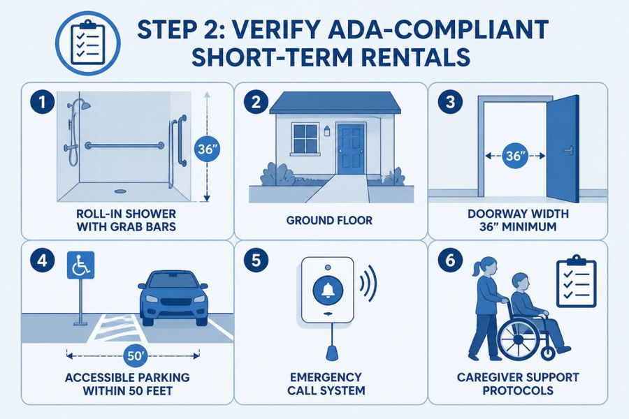 Checklist diagram showing critical ADA verification items: roll-in shower with grab bars at 36 inches, ground floor access, doorway width 36 inches minimum, accessible parking within 50 feet, emergency call system, caregiver support protocols