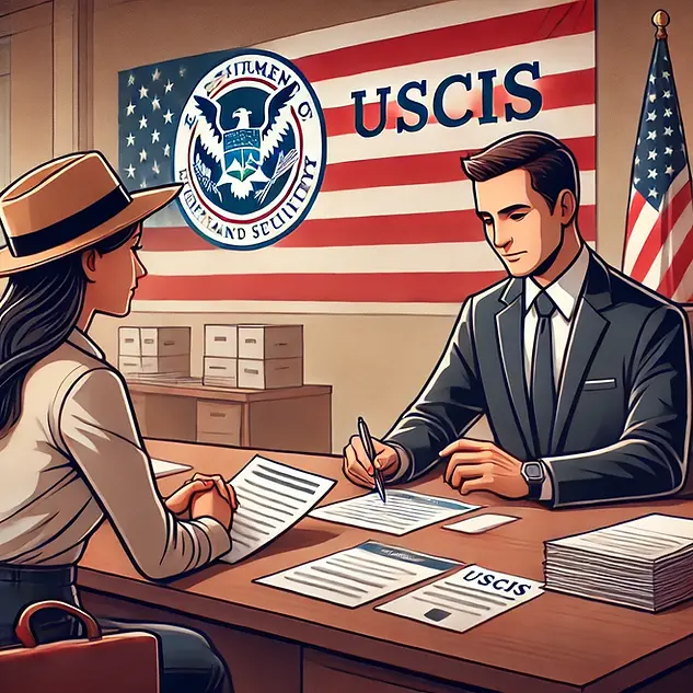 USCIS officer reviewing documents with an applicant in an official setting, symbolizing the immigration interview process for adjustment of status.