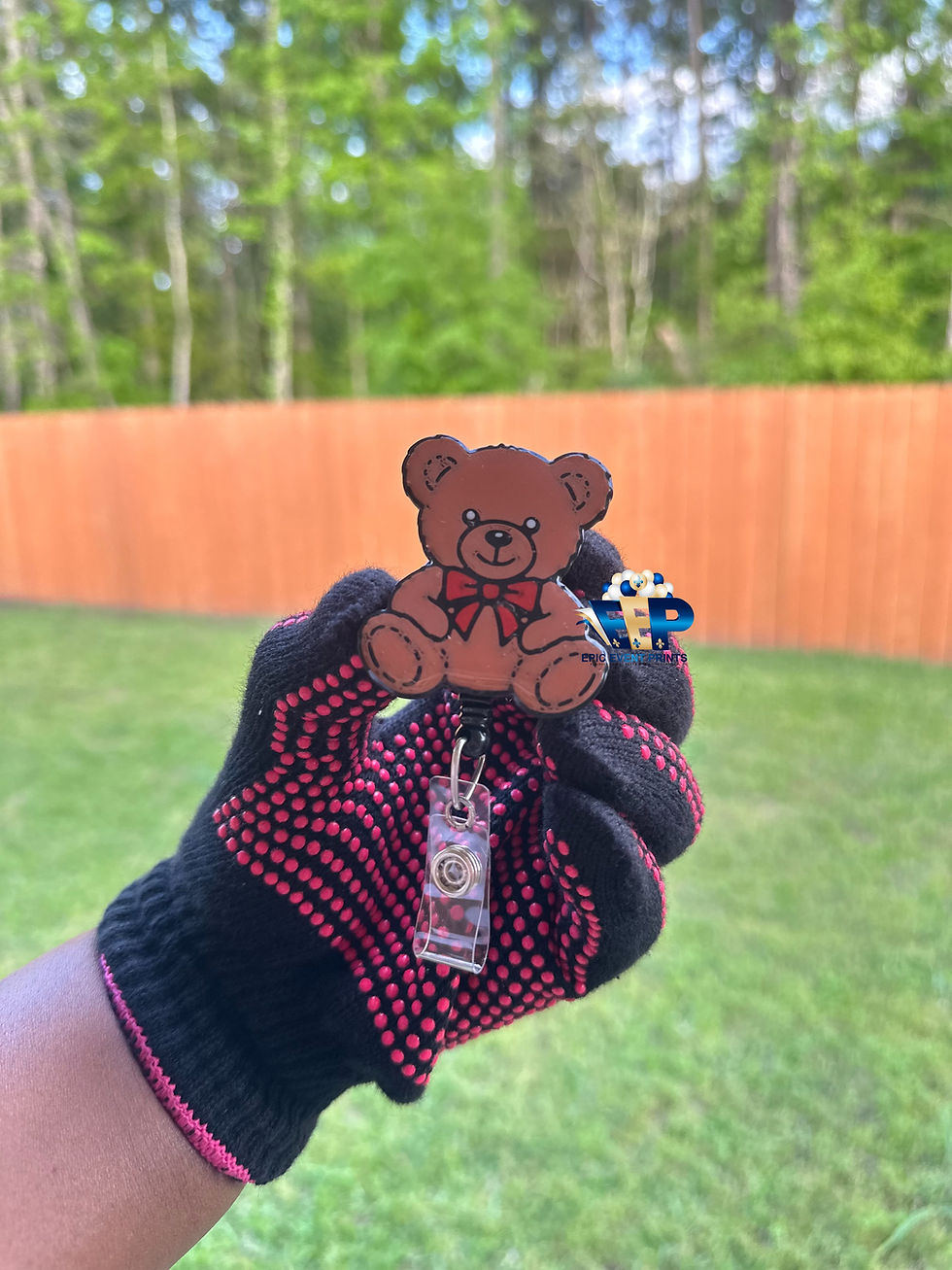 3D teddy bear badge reel with customizable bow color and clip options for nurses and healthcare workers