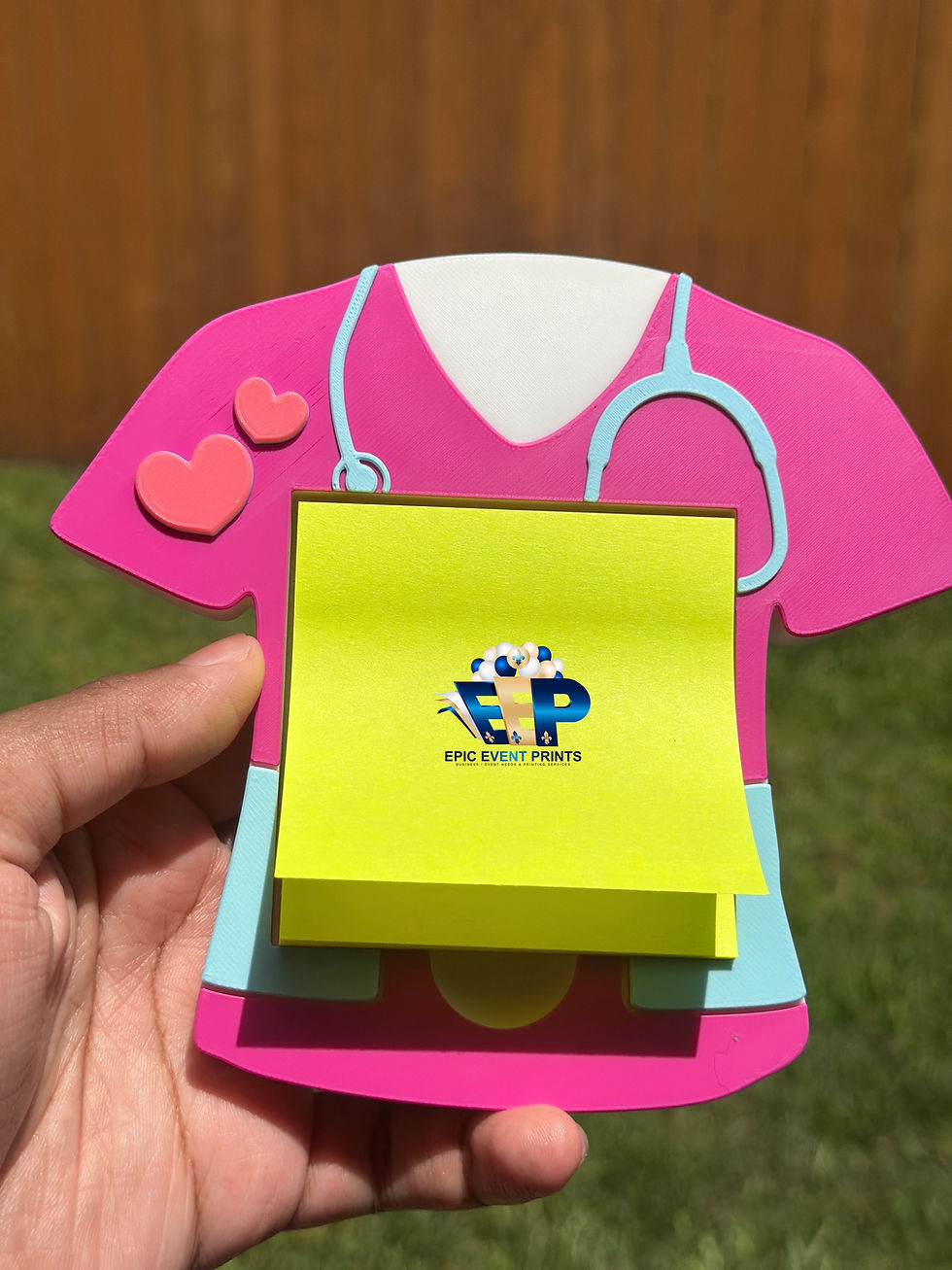 3D printed nurse pen holder with pink scrub top and blue stethoscope details