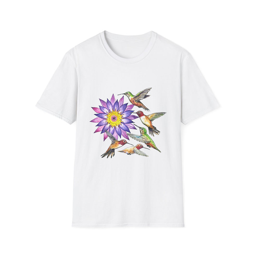Thumbnail: Hummingbird Floral T‑Shirt — Colorful Lotus Flower & Hummingbirds Graphic