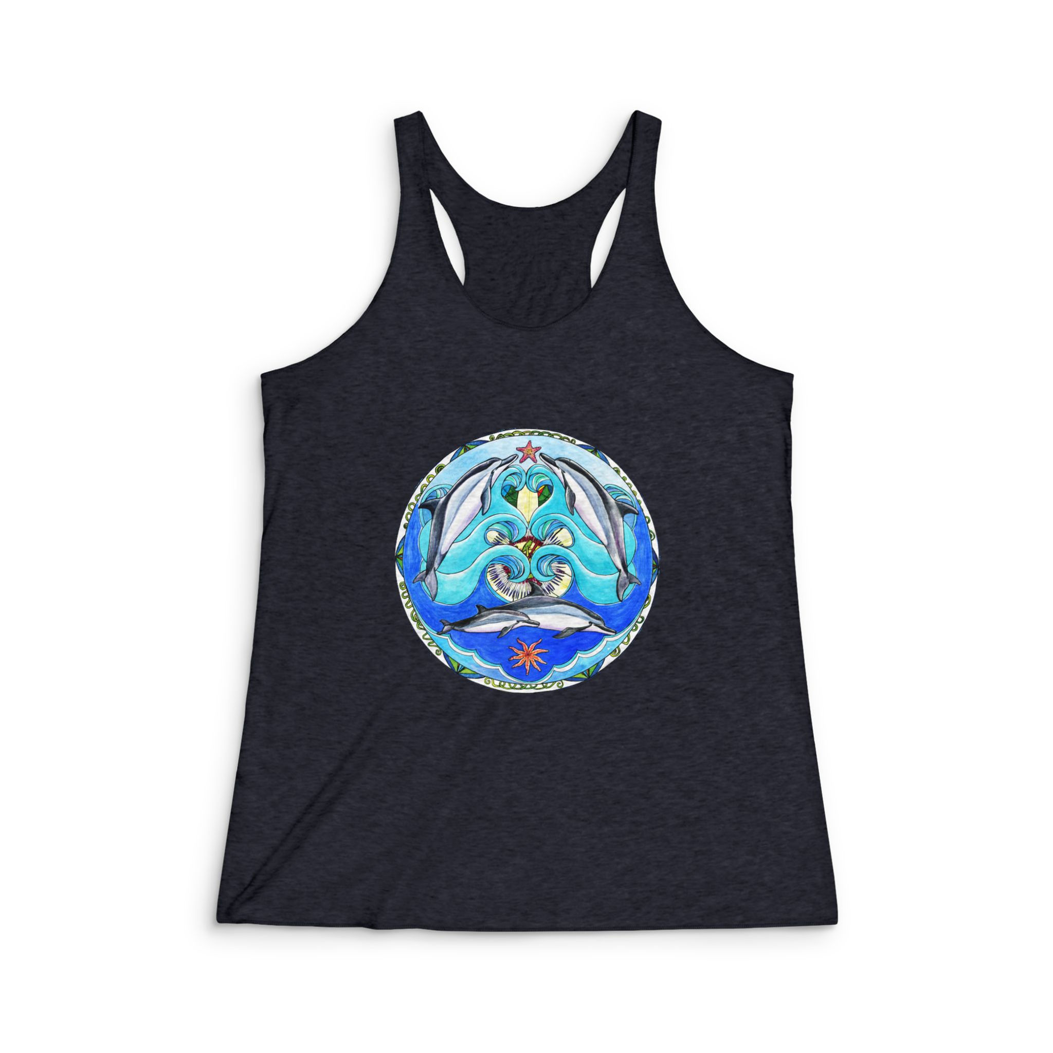 Dolphin Wave Mandala Racerback Tank — Women's Ocean dolphin wave mandala