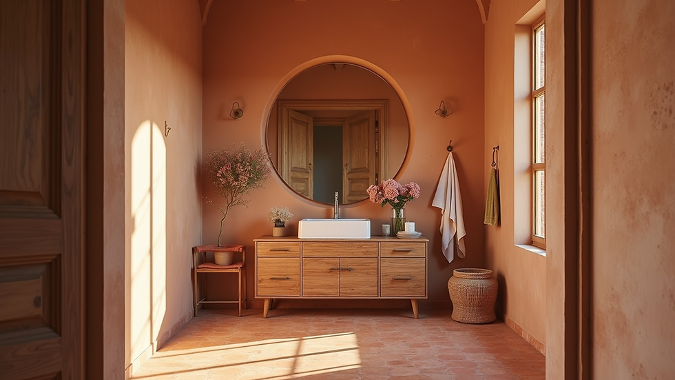 Eye-level view of a Mediterranean style bathroom with terracotta tiles and wooden vanity