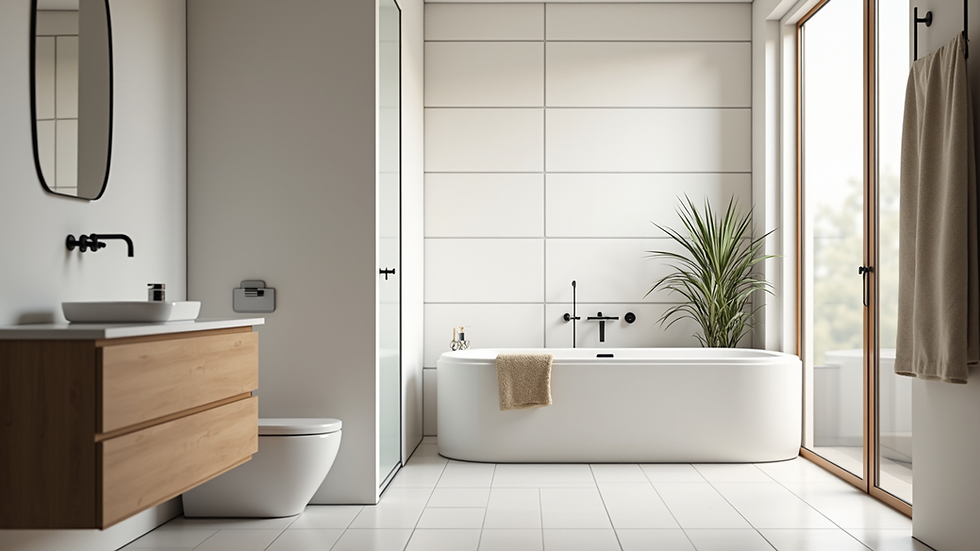 Eye-level view of a modern bathroom with white tiles and wooden accents