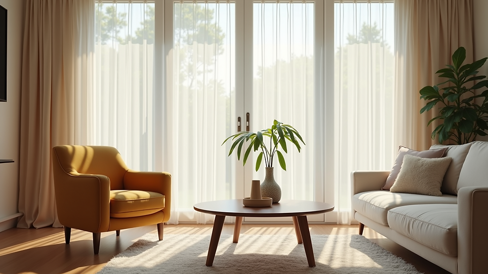Eye-level view of a bright living room with large windows and light curtains