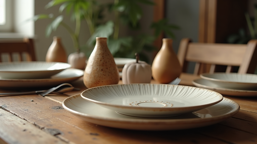 Close-up view of a rustic wooden dining table with Mediterranean ceramic plates