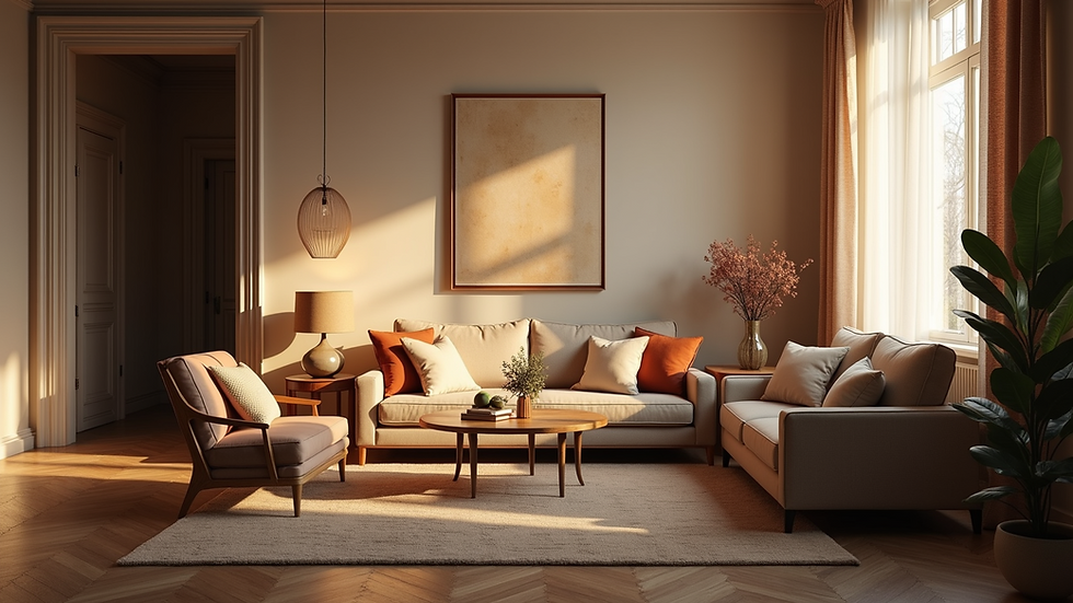 Eye-level view of a cozy living room with warm lighting and stylish furniture