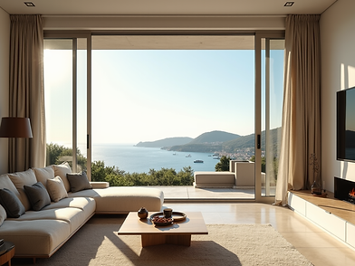 A beautifully designed modern living room with large windows overlooking a sun-drenched Me