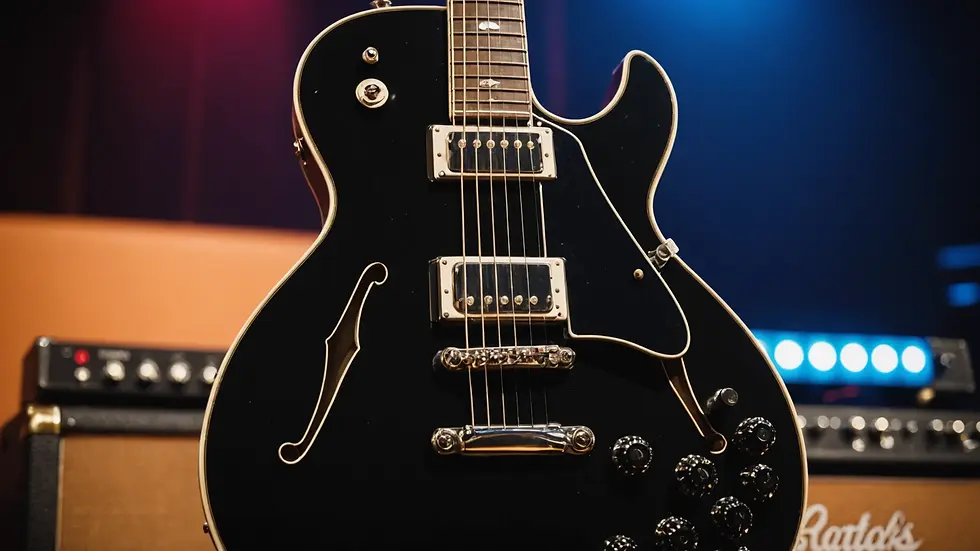 Close-up of Blackie Beverly’s guitar resting on stage