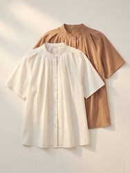 Women's Cotton Silk Pleated Blouse with band collar and shell buttons. Short sleeve button-front shirt in White, Brown. Soft.