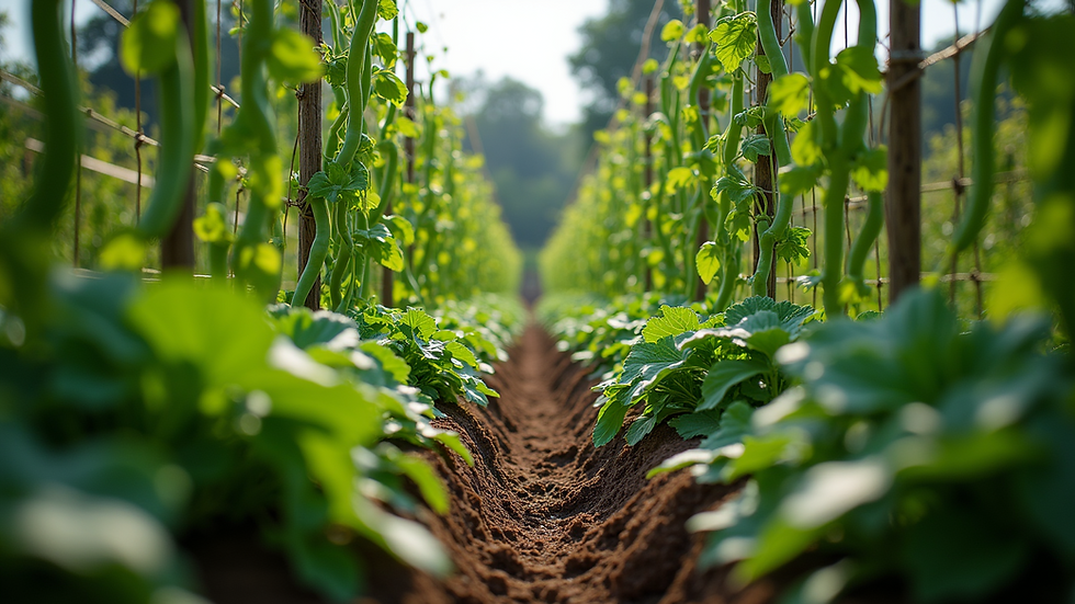 Eye-level view of a garden bed with trellised beans and leafy greens
