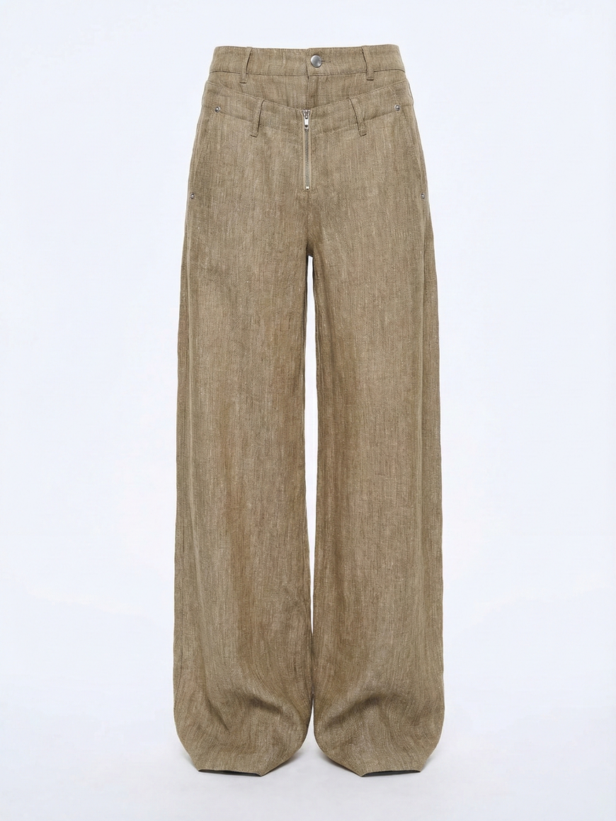 Shop Women's 100% Linen Wide-Leg Trousers with signature double waistband. High-waisted, breathable and polished.