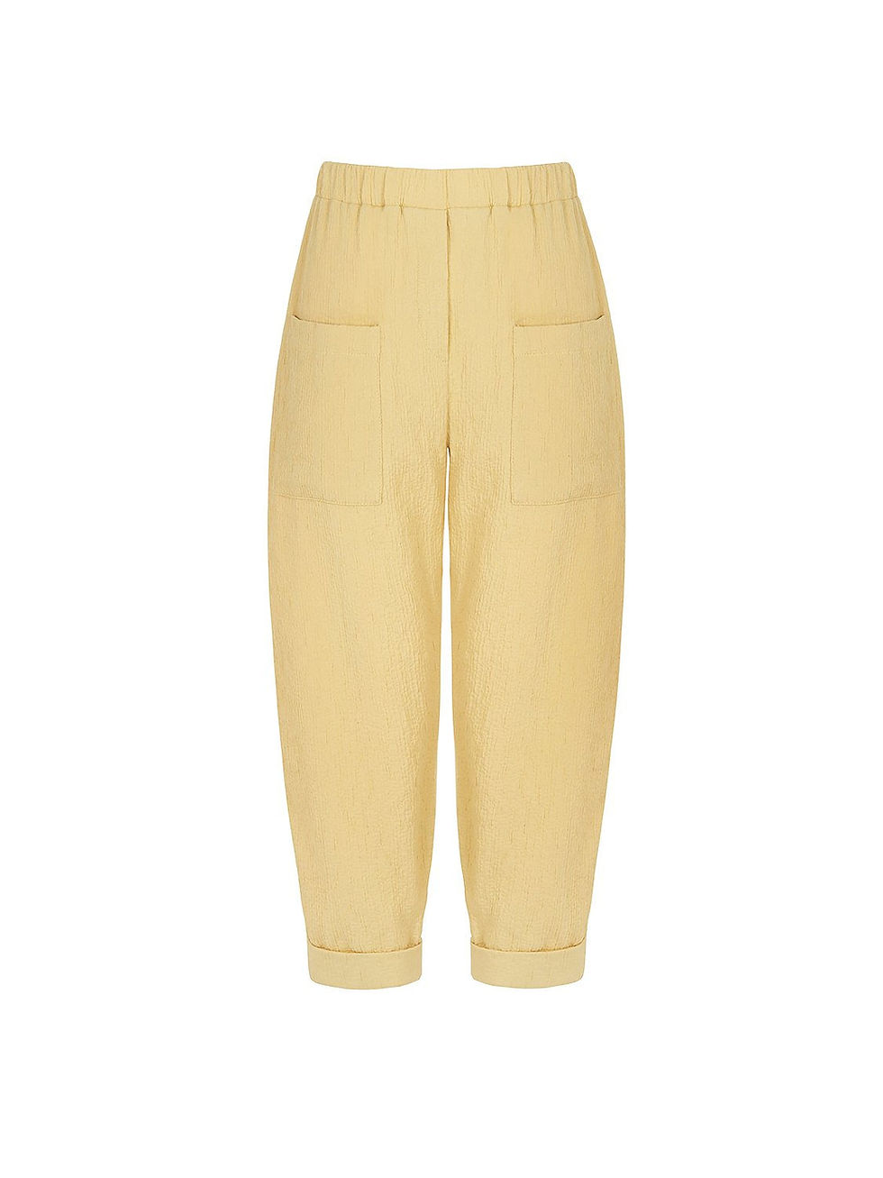 Women’s cuffed hem pants with high-waisted elastic waistband and tapered ankle fit. Soft stretch pants with patch pockets.