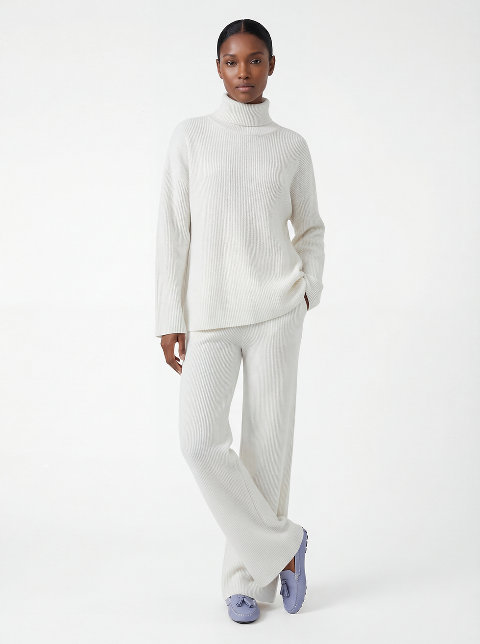 Women's Knit Two-Piece Set with turtleneck sweater and wide-leg pants. Soft, relaxed fit. Lounge to office.