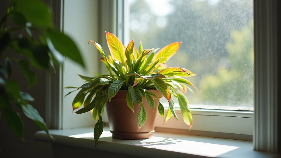 Eye-level view of a vibrant indoor plant with colorful leaves on a windowsill