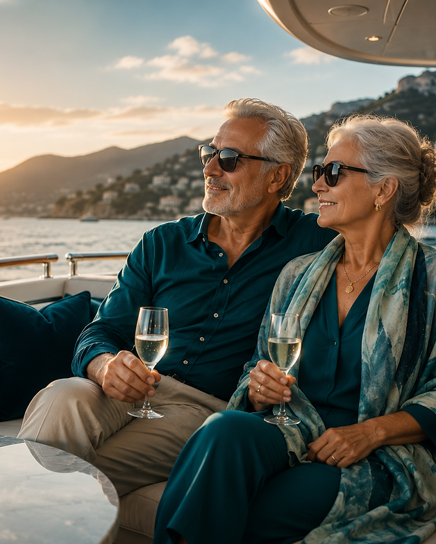 Senior couple holding wine glasses on a boat at sunset