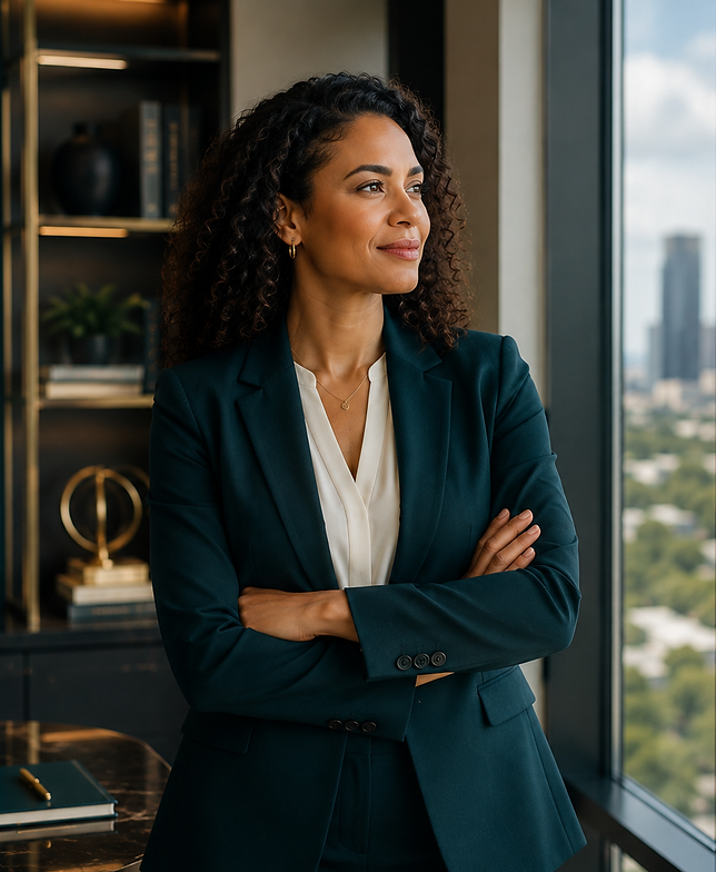 Business professional looking out a city office window